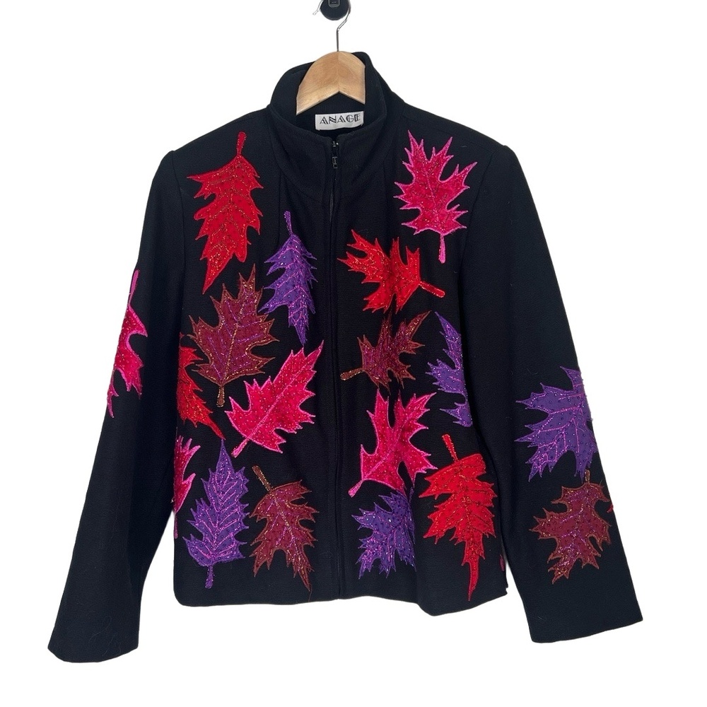 Anage Jacket VTG Medium Black Multicolor Embroidered Full Zip Funky Art to Wear